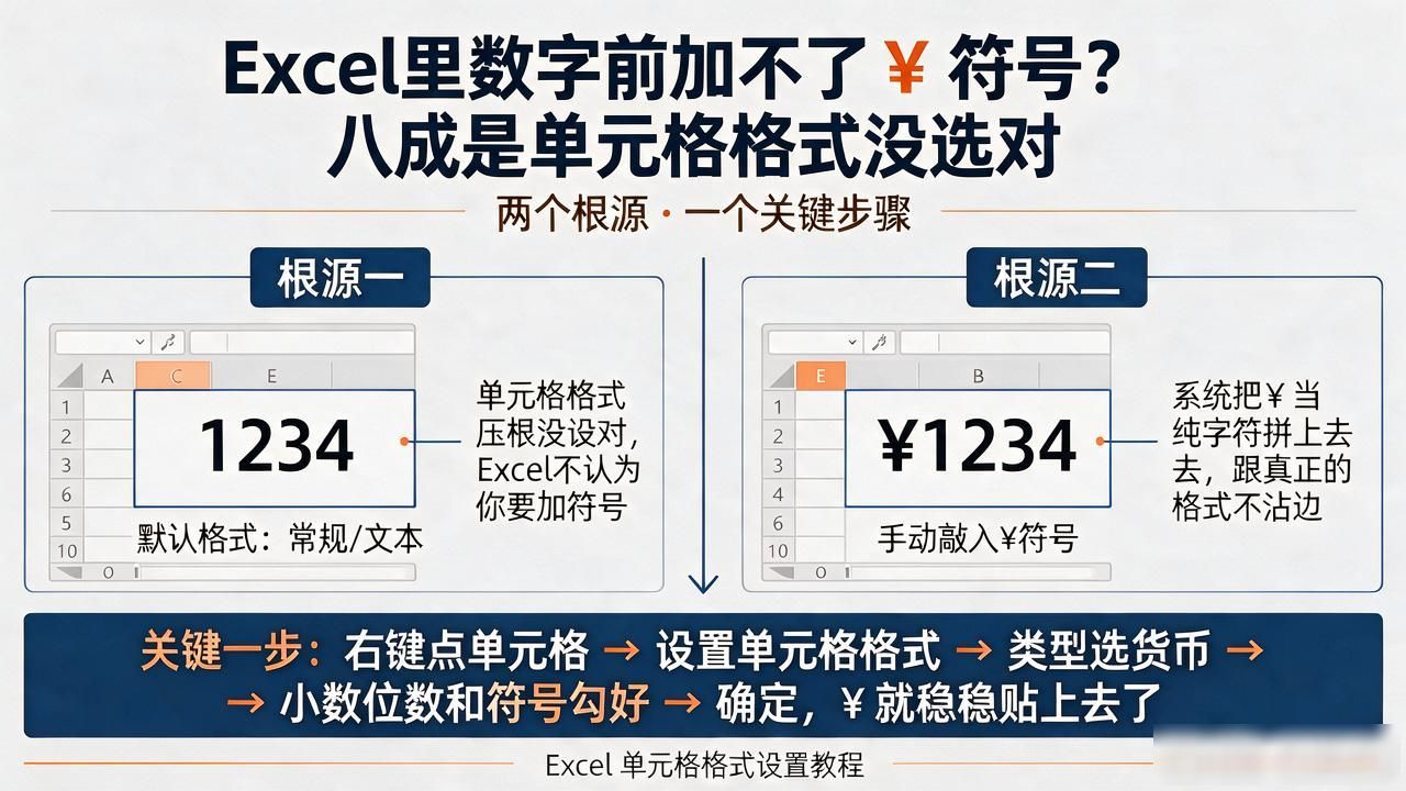 Excel里数字前加不了¥符号？八成是单元格格式没选对